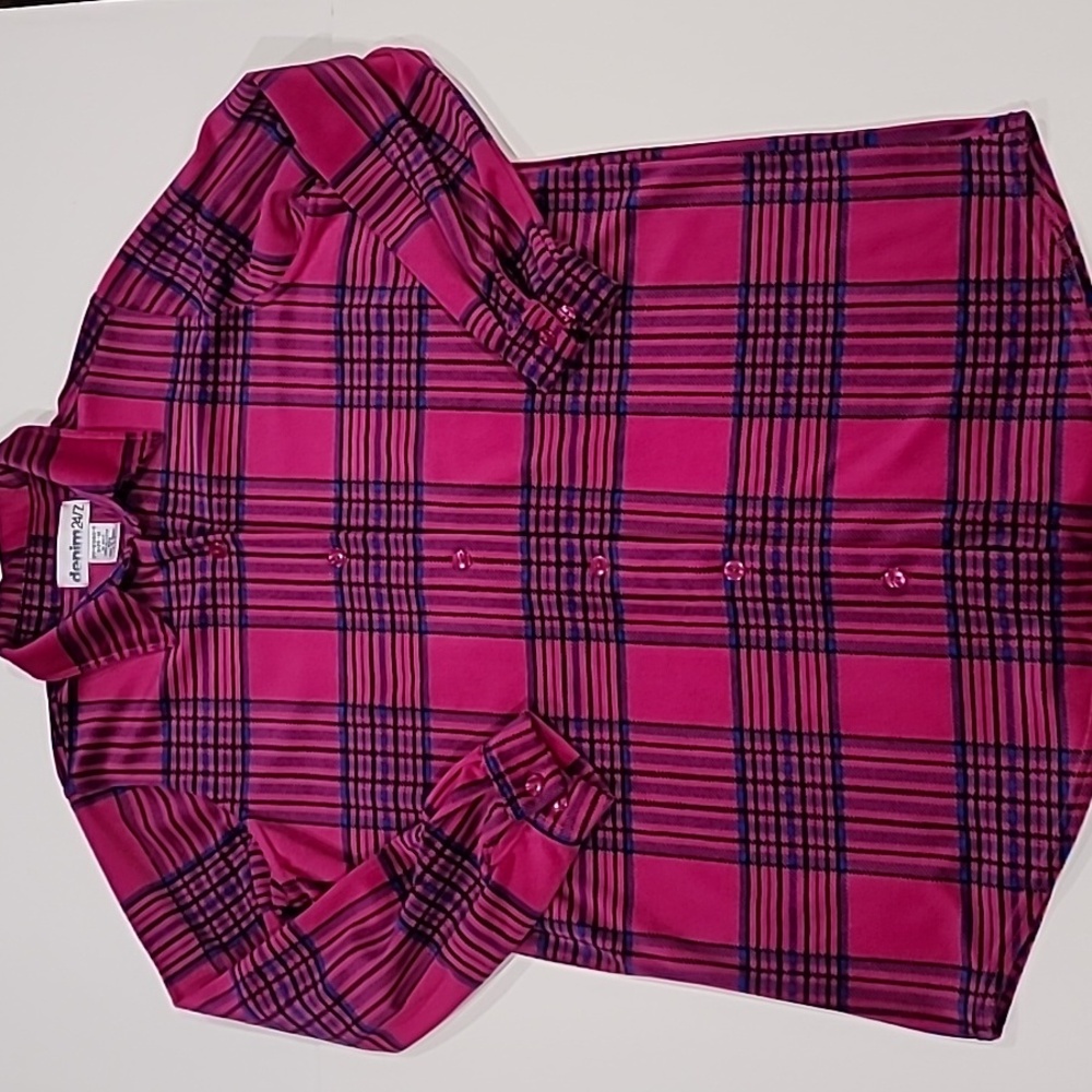 Denim 24/7 Velour Bold Plaid Shirt Pink Blue Medium - Picture 2 of 13
